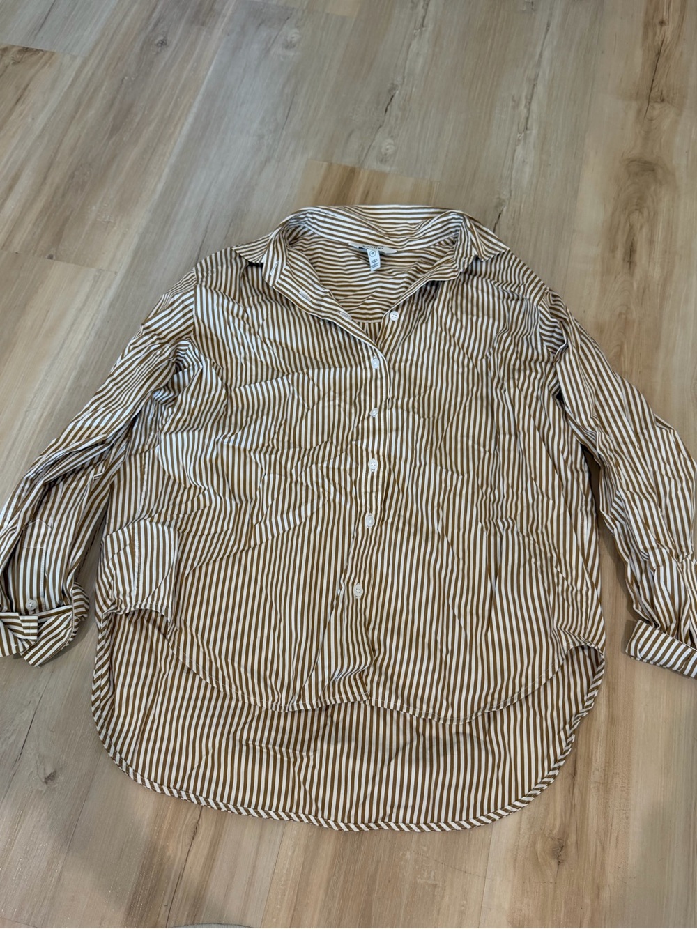 SPANX Brown and White Striped Button-Up Shirt